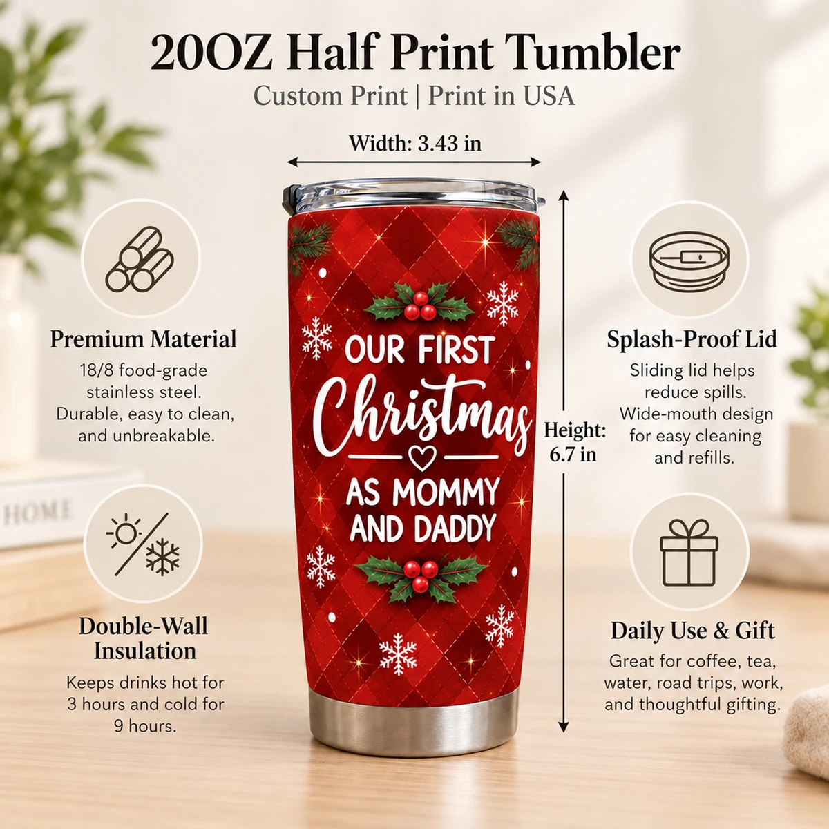 Personalized 20oz Tumbler Custom Family Photo – Our First Christmas Mommy & Daddy Holiday Keepsake Gift