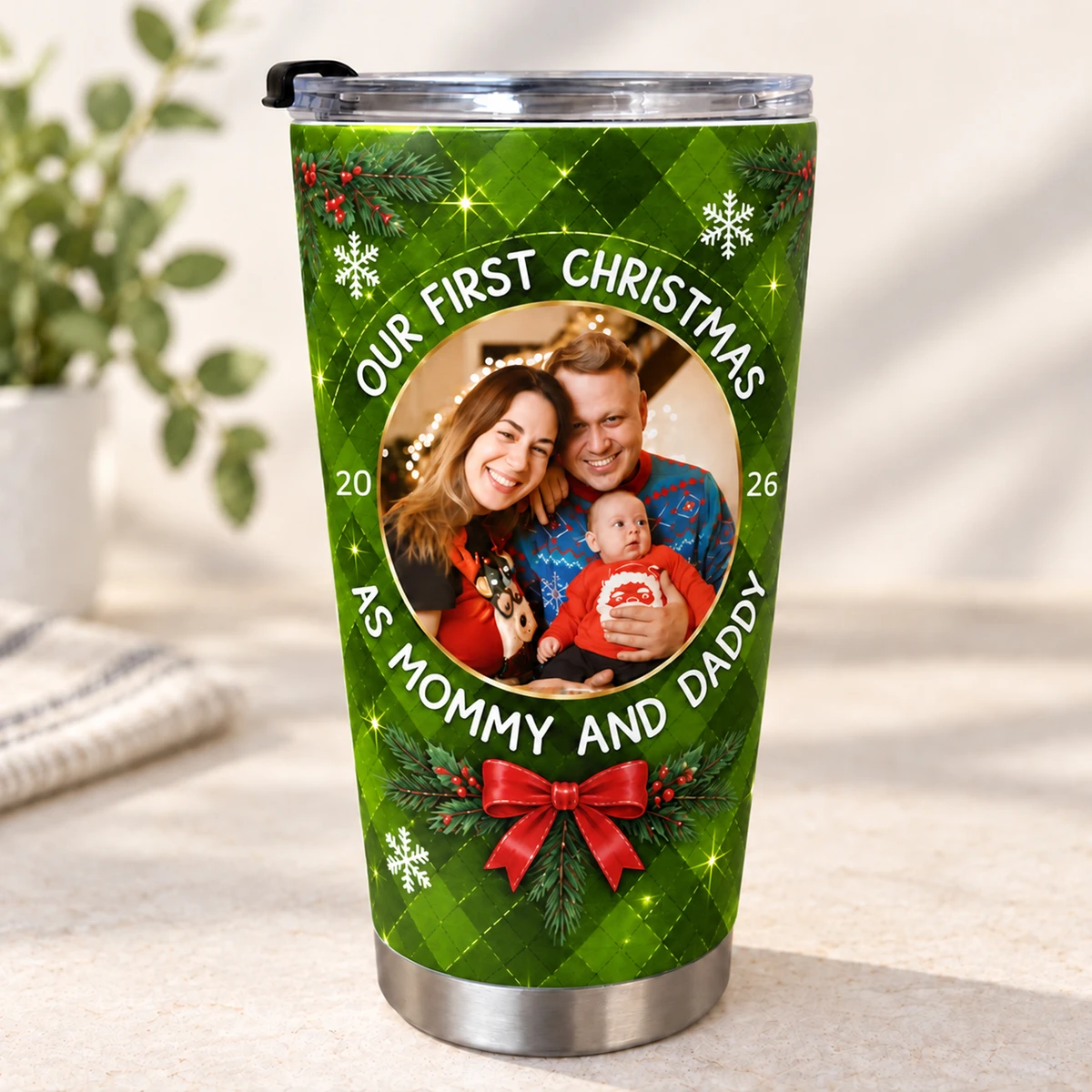 Personalized 20oz Tumbler Custom Family Photo – Our First Christmas Mommy & Daddy Holiday Keepsake Gift