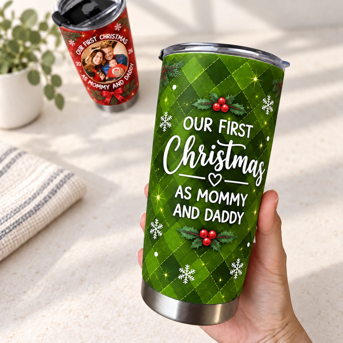 Personalized 20oz Tumbler Custom Family Photo – Our First Christmas Mommy & Daddy Holiday Keepsake Gift