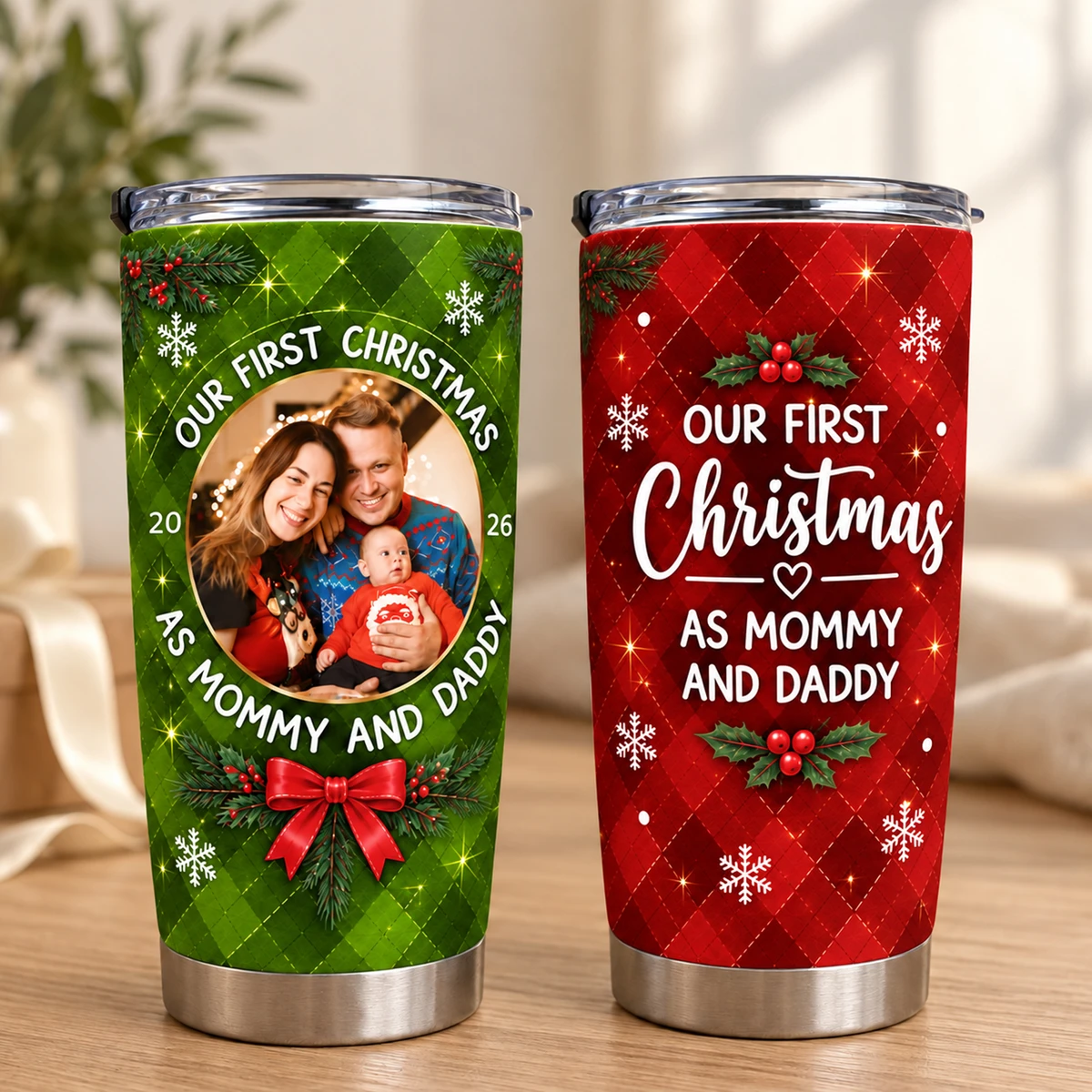 Personalized 20oz Tumbler Custom Family Photo – Our First Christmas Mommy & Daddy Holiday Keepsake Gift
