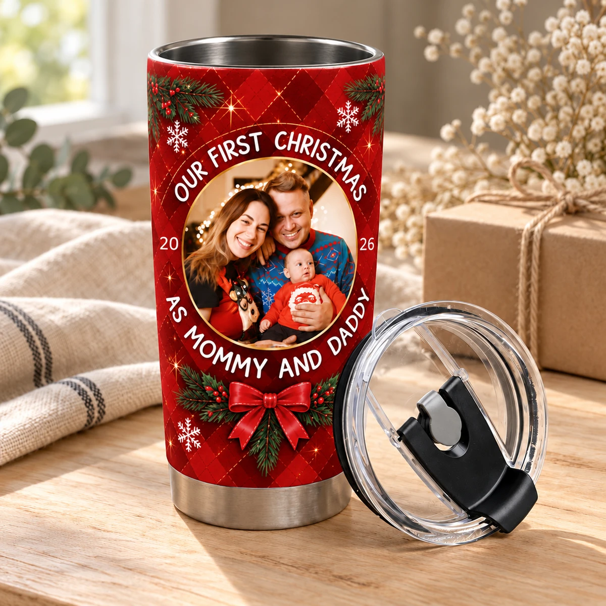 Personalized 20oz Tumbler Custom Family Photo – Our First Christmas Mommy & Daddy Holiday Keepsake Gift