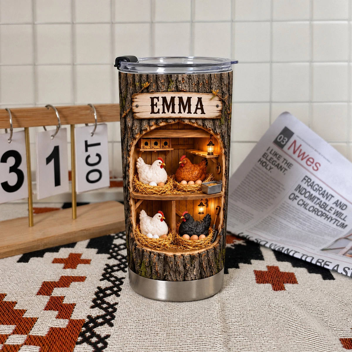 Personalized Chicken Tumbler 20oz Custom Text, Rustic Farmhouse Hen Travel Cup, Cozy Country Coop Drink Tumbler, Gift for Chicken Lovers