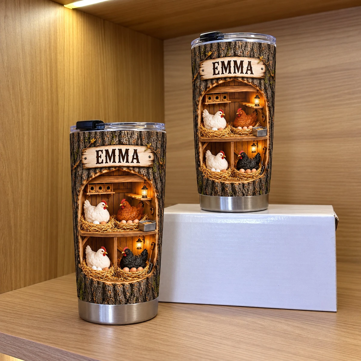 Personalized Chicken Tumbler 20oz Custom Text, Rustic Farmhouse Hen Travel Cup, Cozy Country Coop Drink Tumbler, Gift for Chicken Lovers