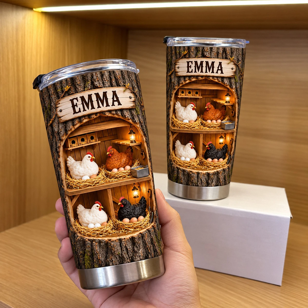Personalized Chicken Tumbler 20oz Custom Text, Rustic Farmhouse Hen Travel Cup, Cozy Country Coop Drink Tumbler, Gift for Chicken Lovers