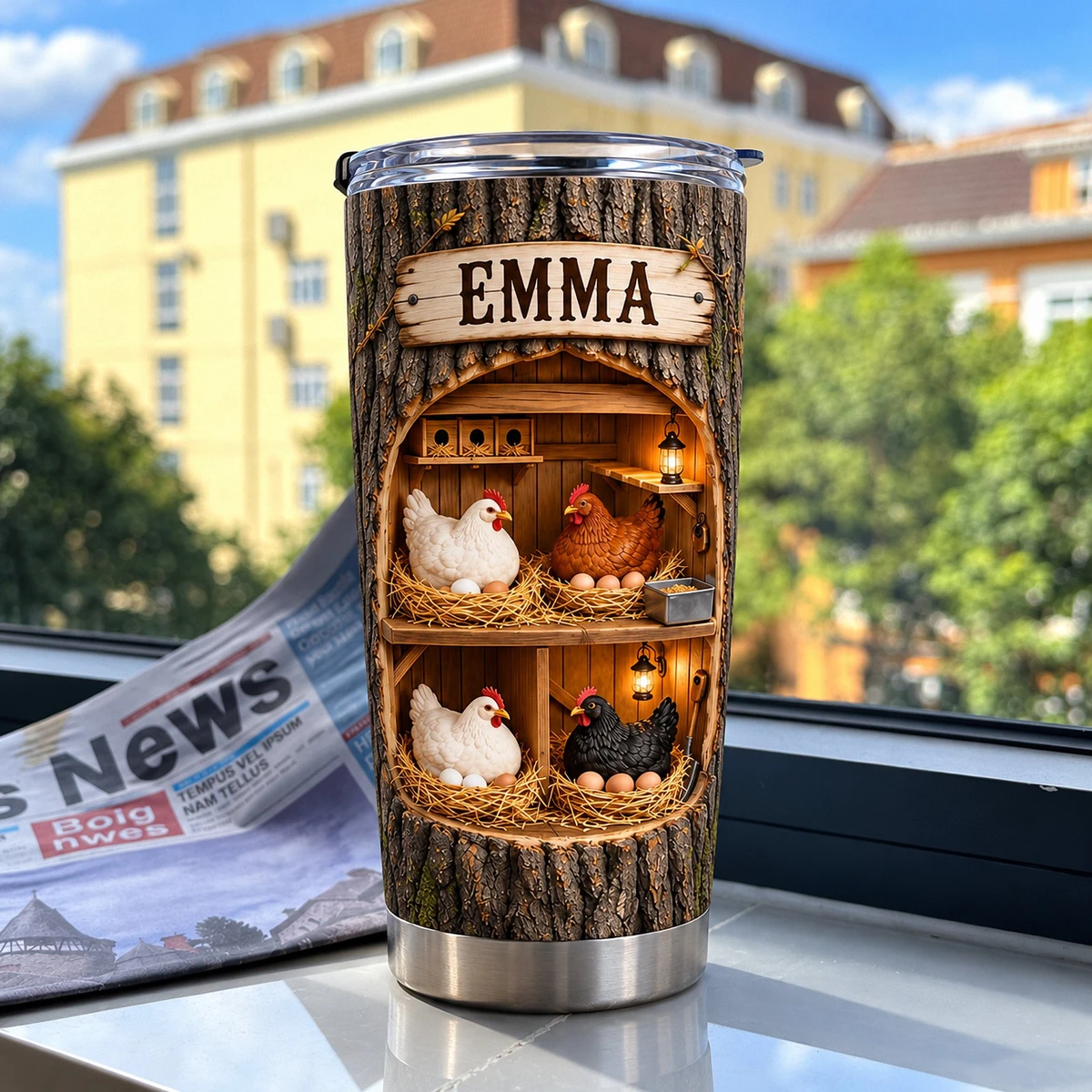Personalized Chicken Tumbler 20oz Custom Text, Rustic Farmhouse Hen Travel Cup, Cozy Country Coop Drink Tumbler, Gift for Chicken Lovers