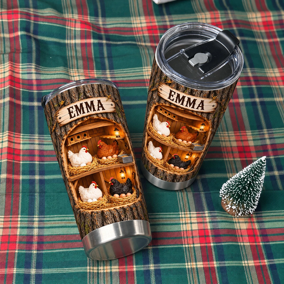 Personalized Chicken Tumbler 20oz Custom Text, Rustic Farmhouse Hen Travel Cup, Cozy Country Coop Drink Tumbler, Gift for Chicken Lovers