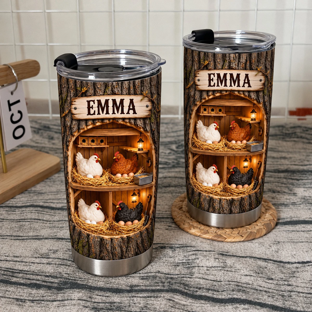 Personalized Chicken Tumbler 20oz Custom Text, Rustic Farmhouse Hen Travel Cup, Cozy Country Coop Drink Tumbler, Gift for Chicken Lovers