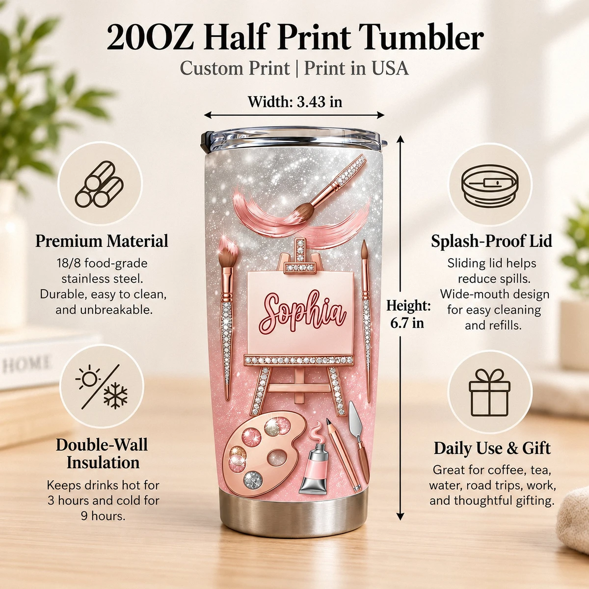 Custom Text Artist Tumbler 20oz, Personalized Painting Travel Cup, Pink Rose Gold Art Tumbler, Painter Gift, Art Lover Gift