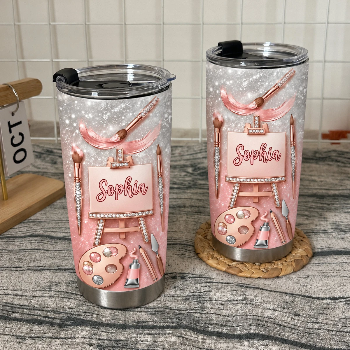 Custom Text Artist Tumbler 20oz, Personalized Painting Travel Cup, Pink Rose Gold Art Tumbler, Painter Gift, Art Lover Gift