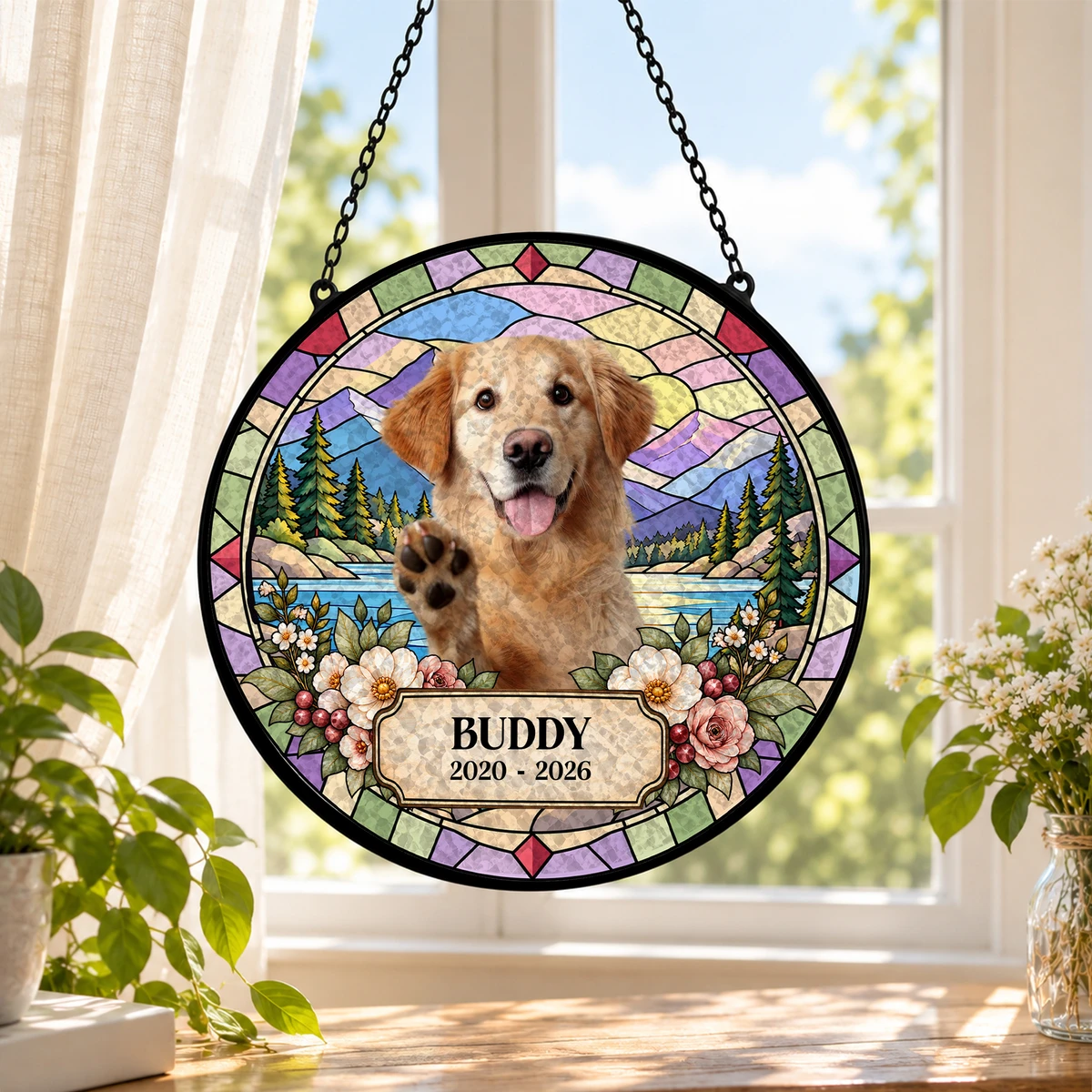Custom Photo In Loving Memory Dog Cat - Personalized Stained Glass Window Hanging Suncatcher