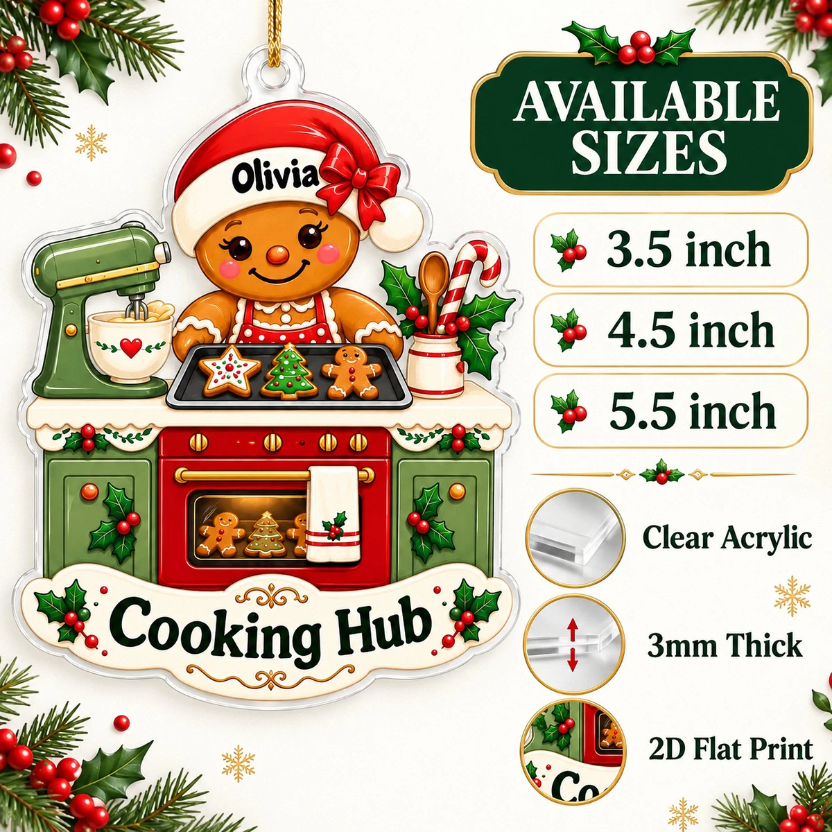 Personalized Acrylic Christmas Ornament Custom Name – Gingerbread Baker Cooking Kitchen Holiday Tree Ornament Gift