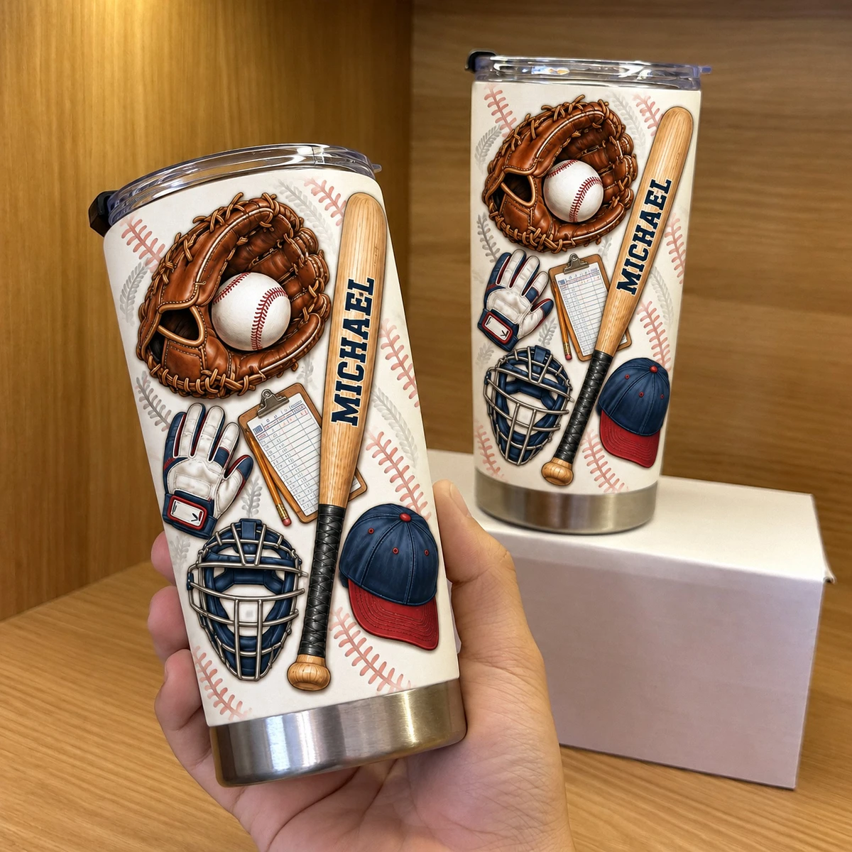 Personalized Baseball Tumbler 20oz Custom Text, Baseball Glove Bat & Ball Travel Cup, Sports Drink Tumbler for Player Coach Dad, Baseball Gift