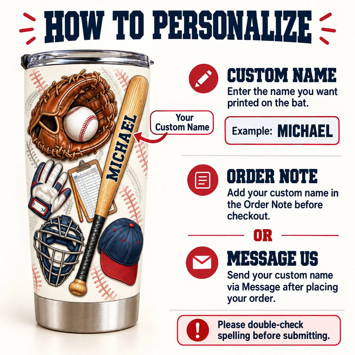 Personalized Baseball Tumbler 20oz Custom Text, Baseball Glove Bat & Ball Travel Cup, Sports Drink Tumbler for Player Coach Dad, Baseball Gift