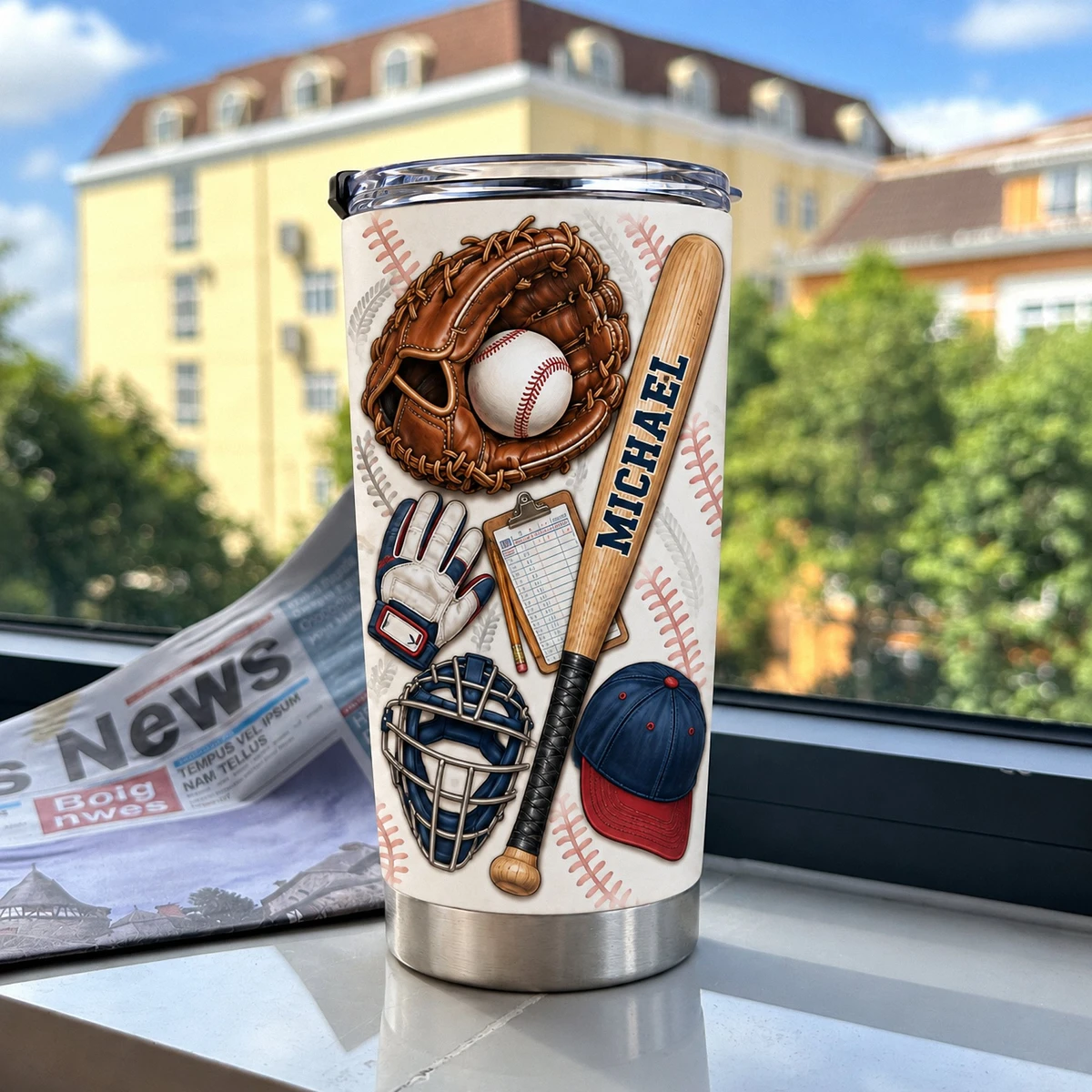 Personalized Baseball Tumbler 20oz Custom Text, Baseball Glove Bat & Ball Travel Cup, Sports Drink Tumbler for Player Coach Dad, Baseball Gift