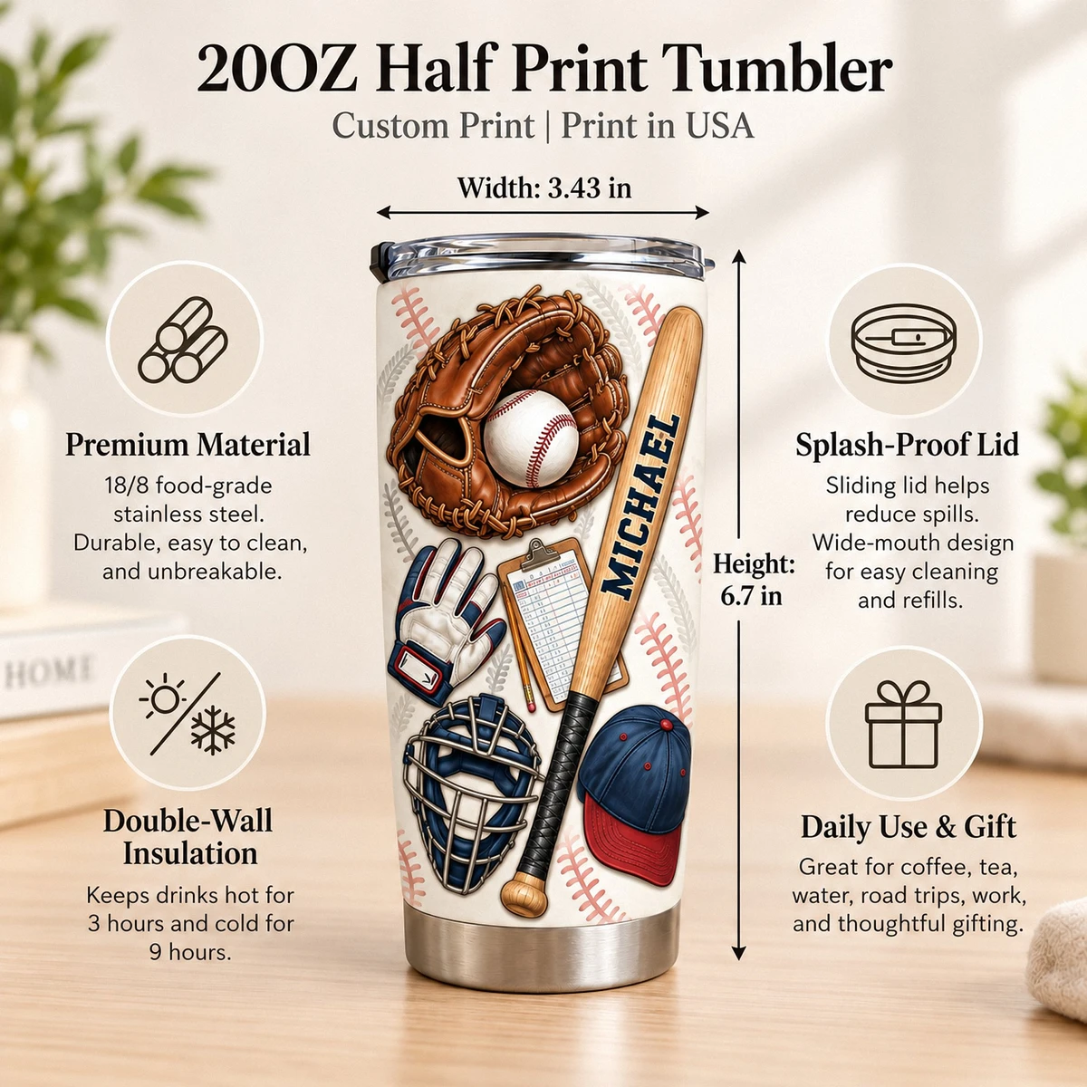 Personalized Baseball Tumbler 20oz Custom Text, Baseball Glove Bat & Ball Travel Cup, Sports Drink Tumbler for Player Coach Dad, Baseball Gift