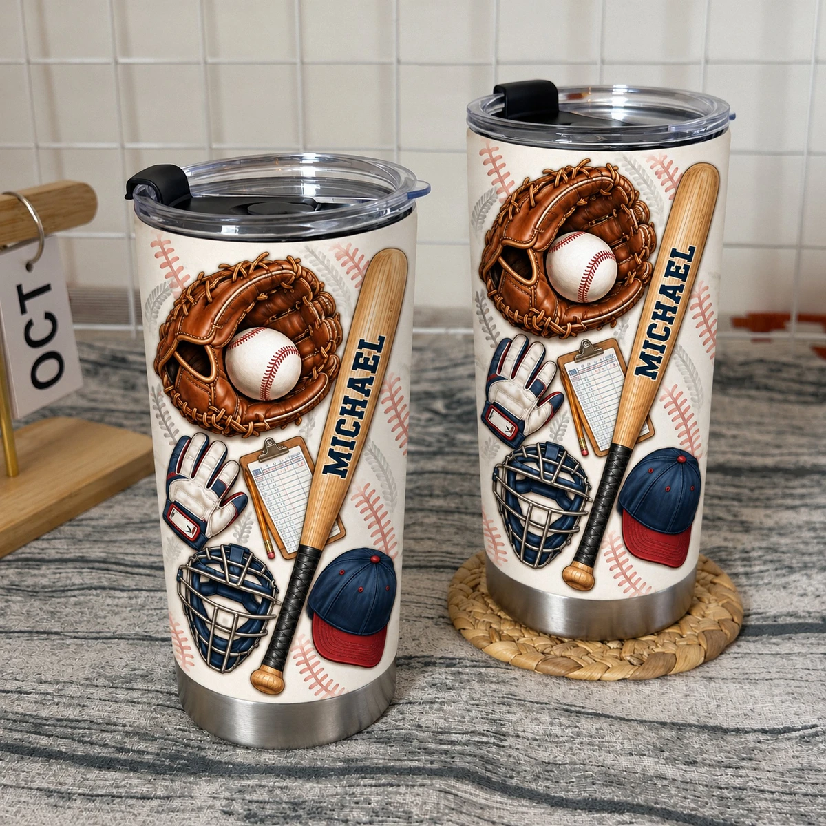 Personalized Baseball Tumbler 20oz Custom Text, Baseball Glove Bat & Ball Travel Cup, Sports Drink Tumbler for Player Coach Dad, Baseball Gift