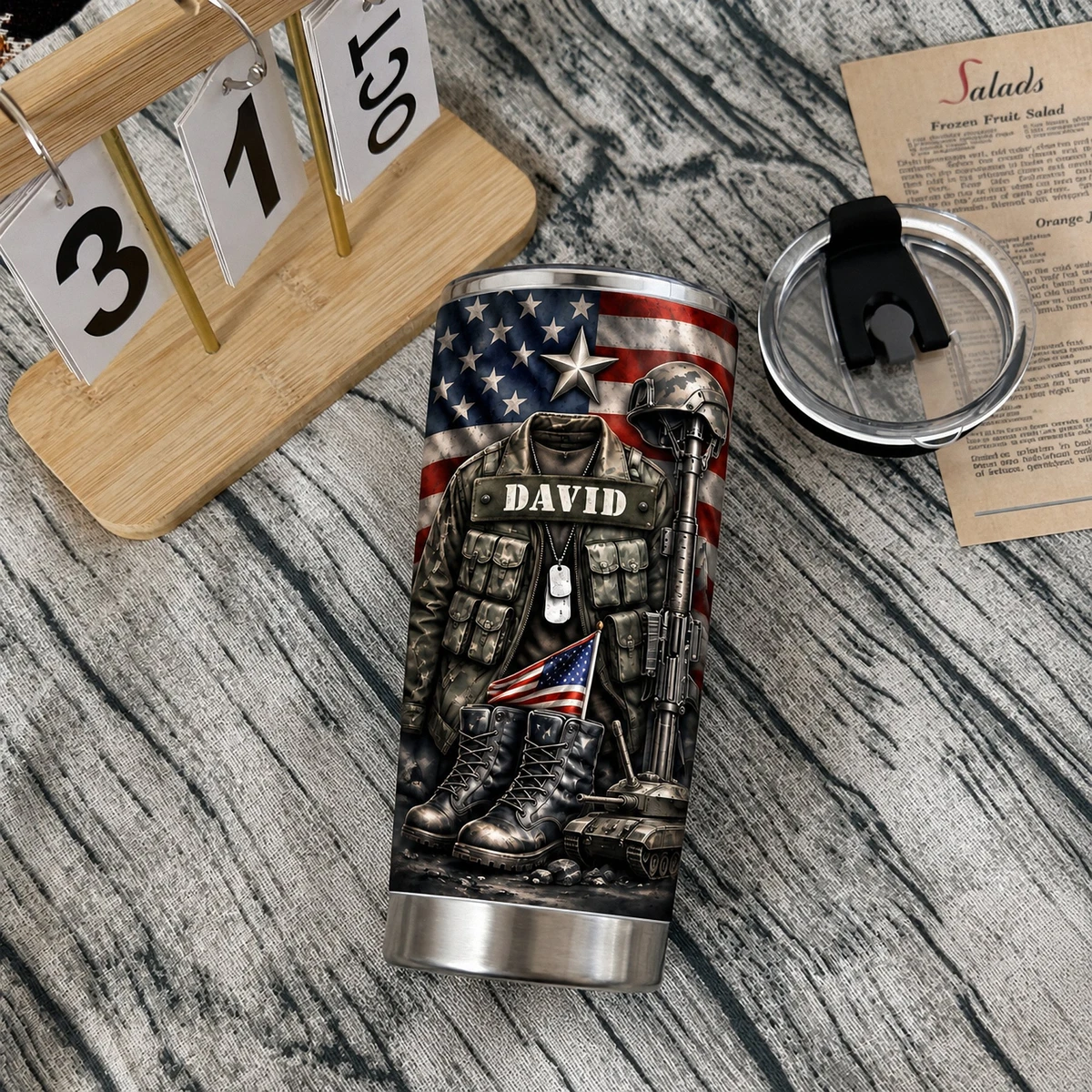 Custom Military Tribute Tumbler, Personalized Name Patriotic USA Flag Cup