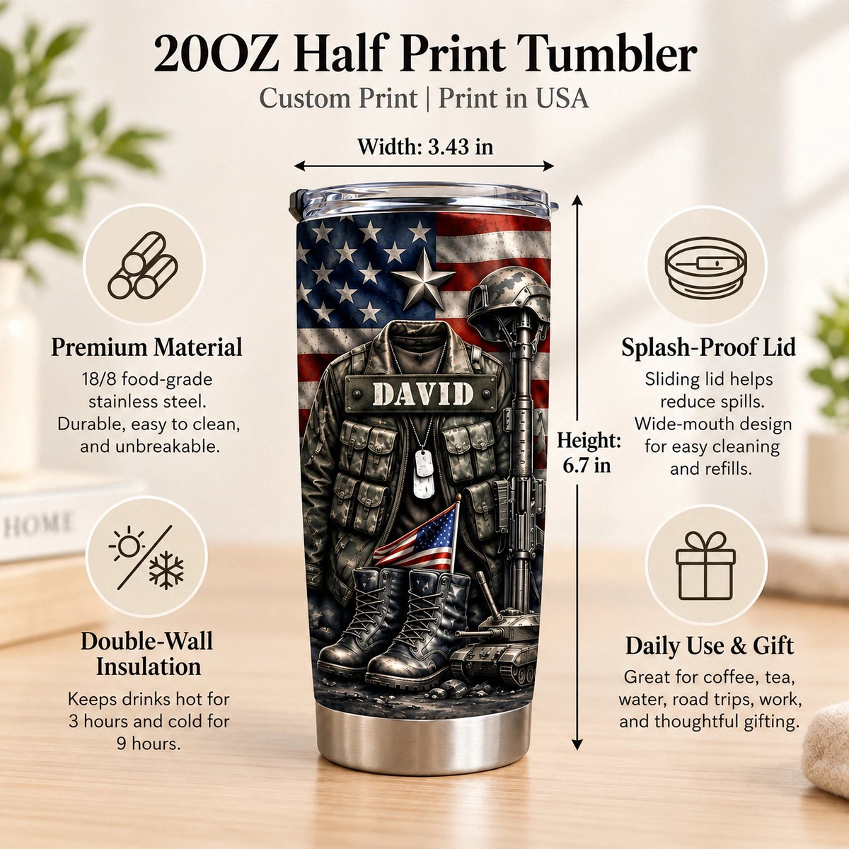 Custom Military Tribute Tumbler, Personalized Name Patriotic USA Flag Cup