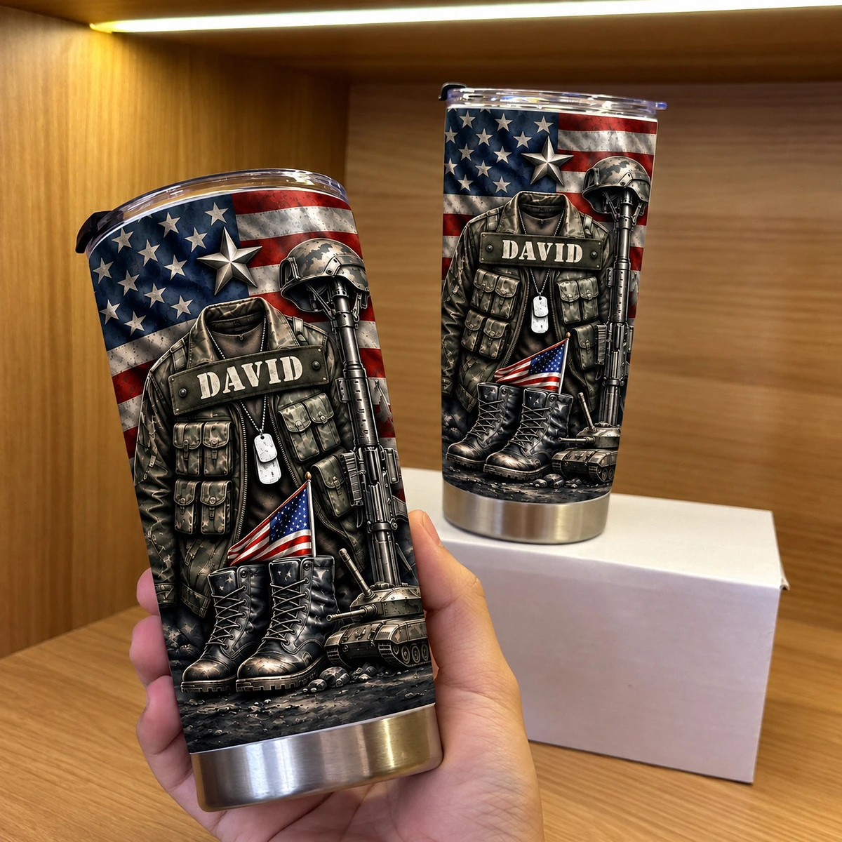 Custom Military Tribute Tumbler, Personalized Name Patriotic USA Flag Cup