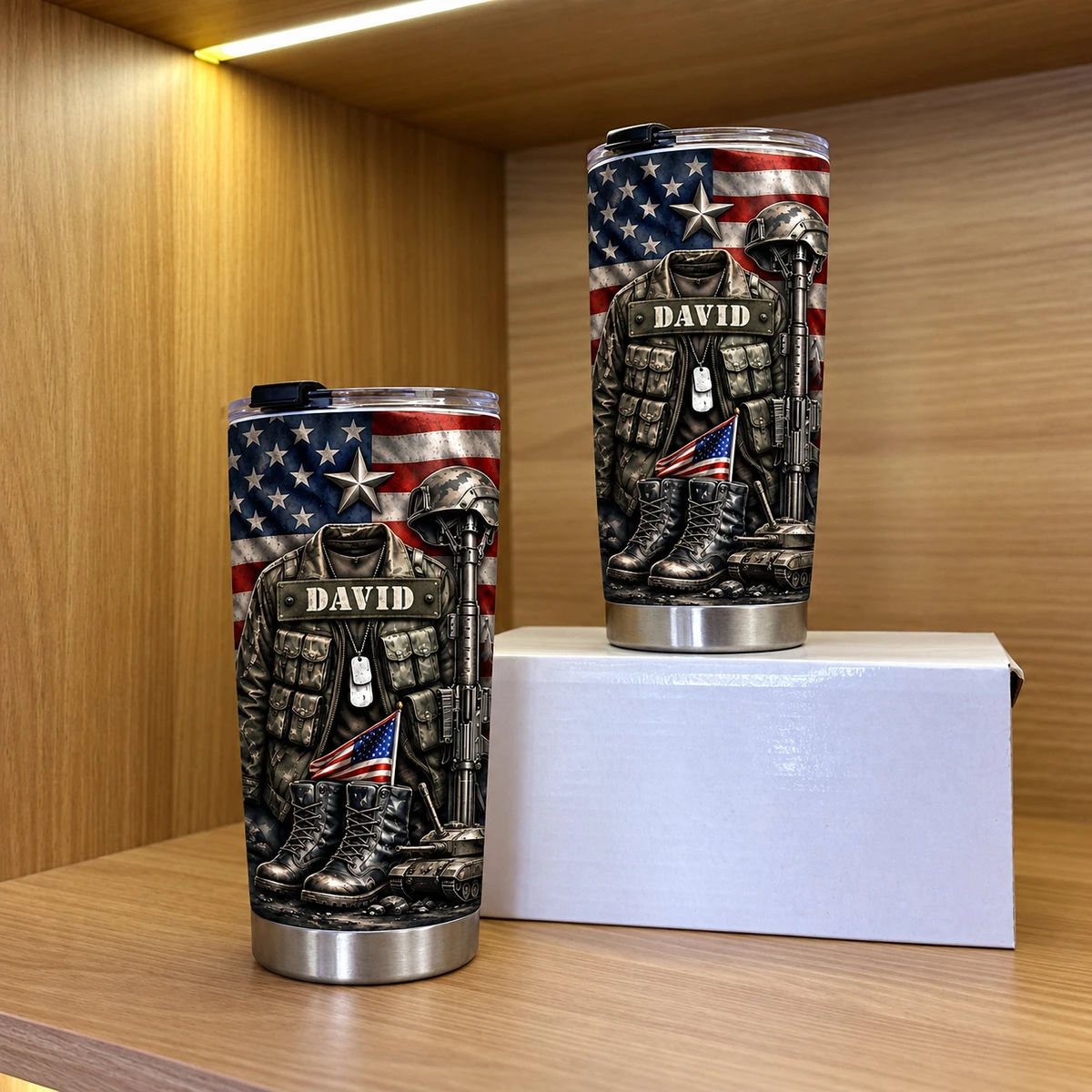 Custom Military Tribute Tumbler, Personalized Name Patriotic USA Flag Cup
