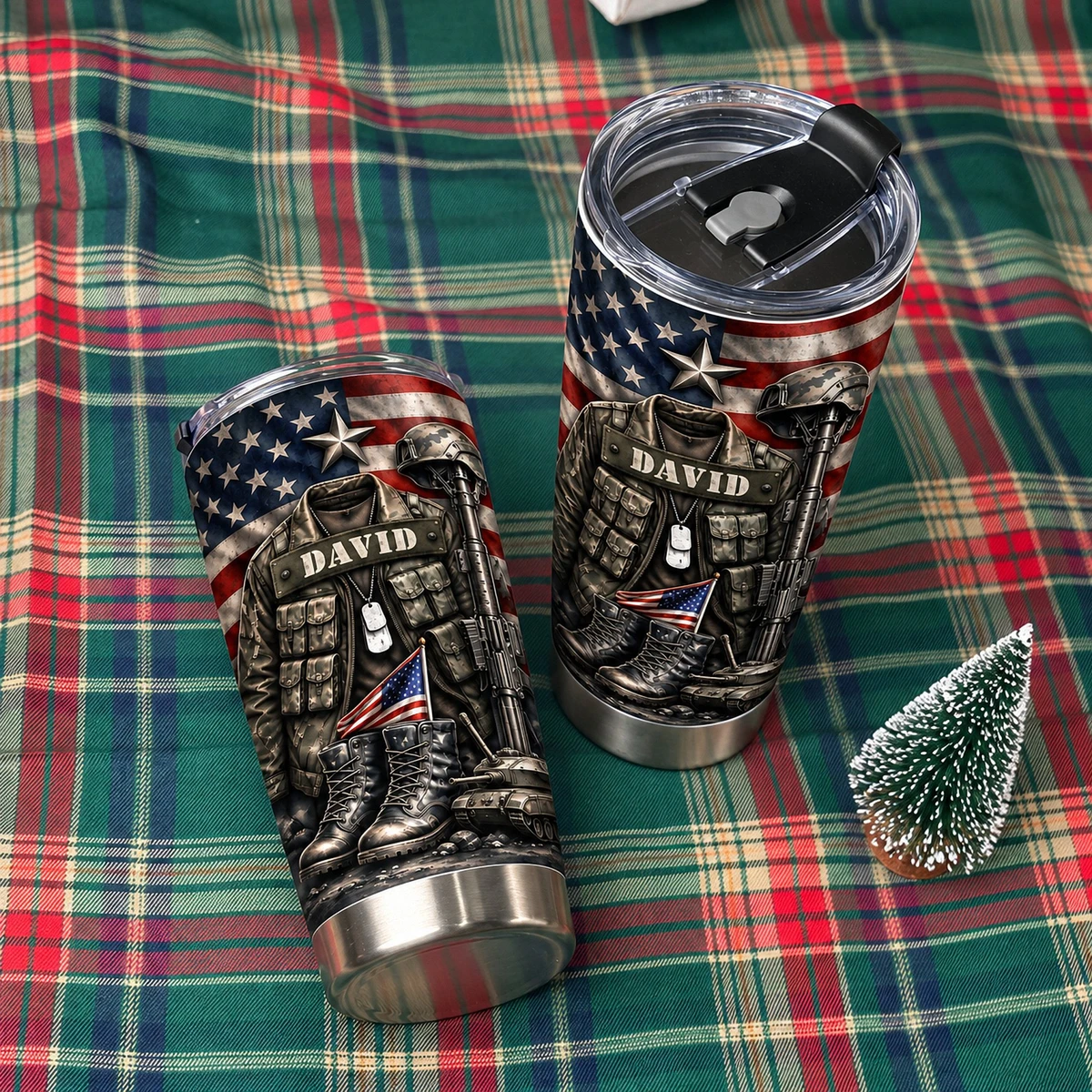 Custom Military Tribute Tumbler, Personalized Name Patriotic USA Flag Cup
