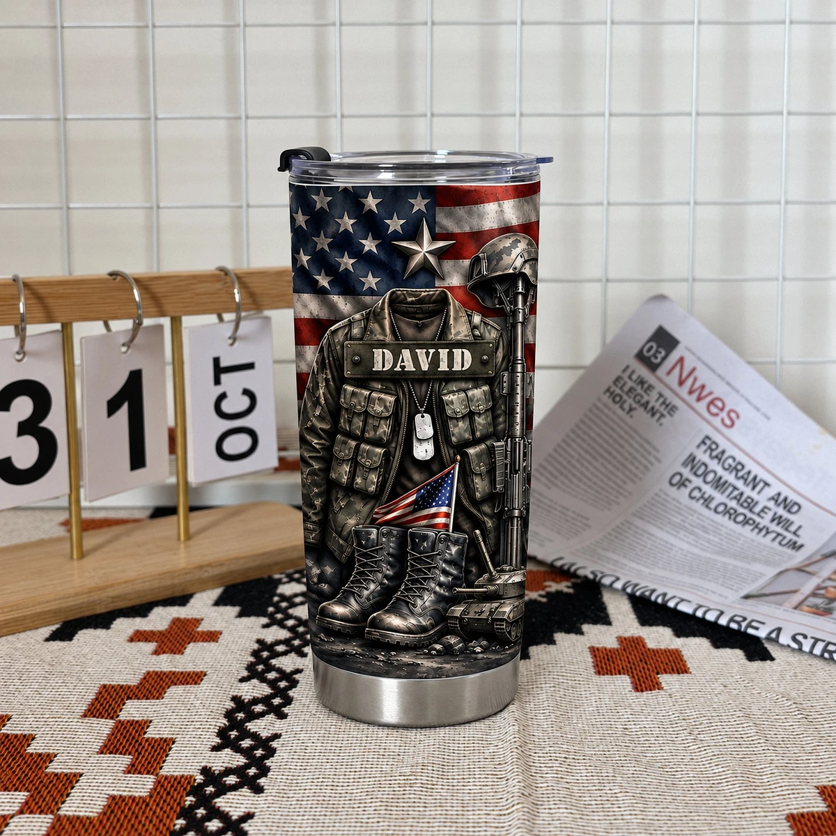 Custom Military Tribute Tumbler, Personalized Name Patriotic USA Flag Cup