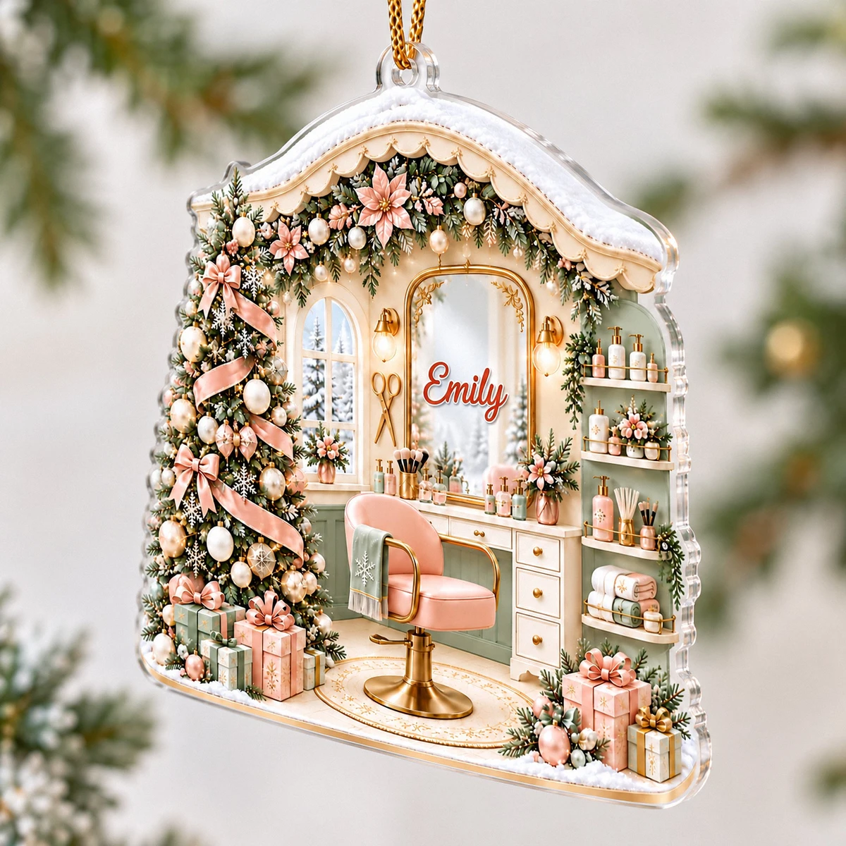 Her Little Christmas Salon Personalized Ornament, Custom Text Beauty Studio Decor, Hair Stylist Makeup Artist Holiday Gift