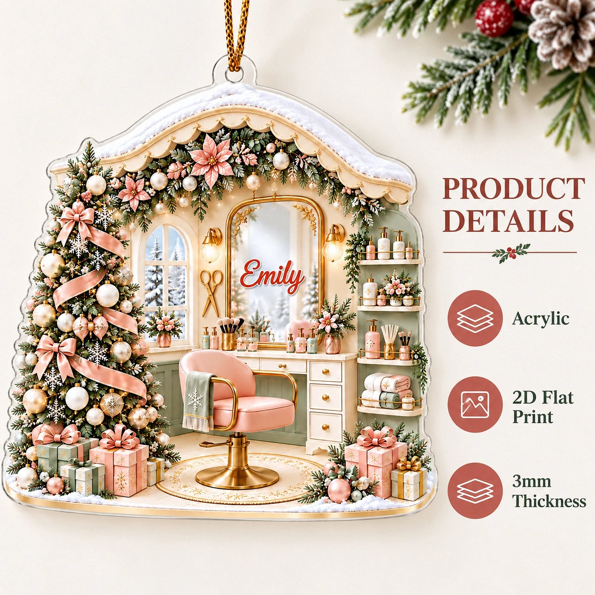 Her Little Christmas Salon Personalized Ornament, Custom Text Beauty Studio Decor, Hair Stylist Makeup Artist Holiday Gift