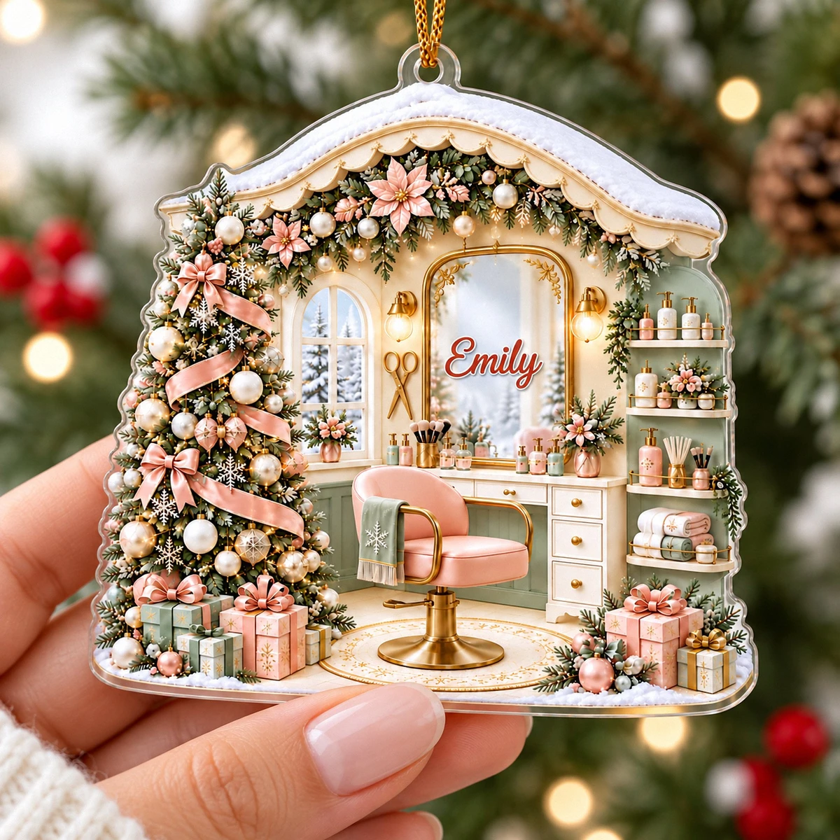 Her Little Christmas Salon Personalized Ornament, Custom Text Beauty Studio Decor, Hair Stylist Makeup Artist Holiday Gift