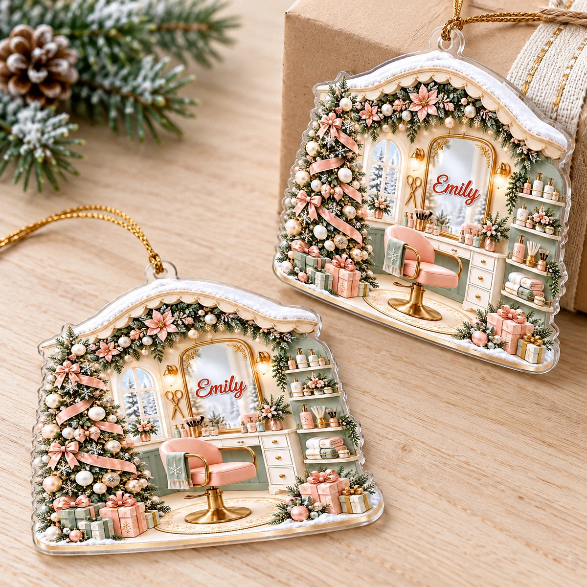 Her Little Christmas Salon Personalized Ornament, Custom Text Beauty Studio Decor, Hair Stylist Makeup Artist Holiday Gift
