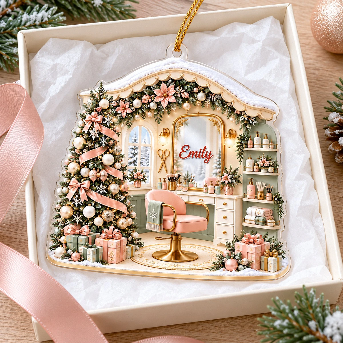 Her Little Christmas Salon Personalized Ornament, Custom Text Beauty Studio Decor, Hair Stylist Makeup Artist Holiday Gift