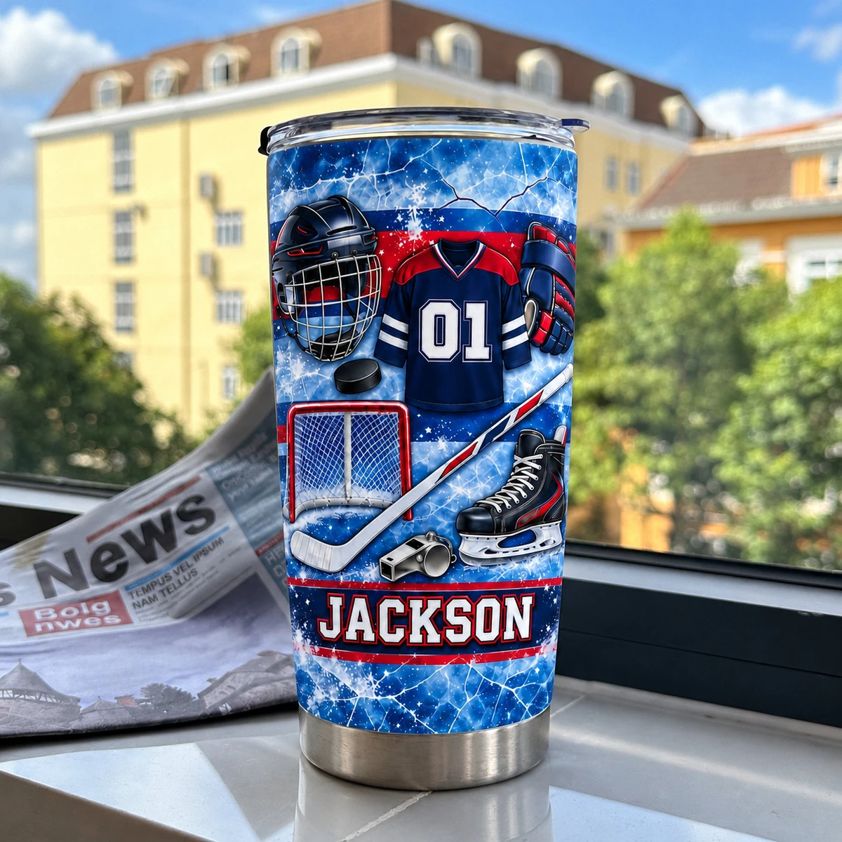 Personalized Hockey Tumbler 20oz Custom Text, Ice Hockey Travel Cup, Hockey Gear Inspired Drink Tumbler, Player Coach Dad Gift