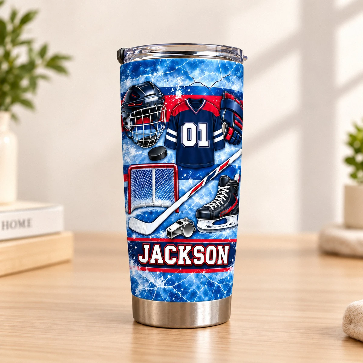 Personalized Hockey Tumbler 20oz Custom Text, Ice Hockey Travel Cup, Hockey Gear Inspired Drink Tumbler, Player Coach Dad Gift