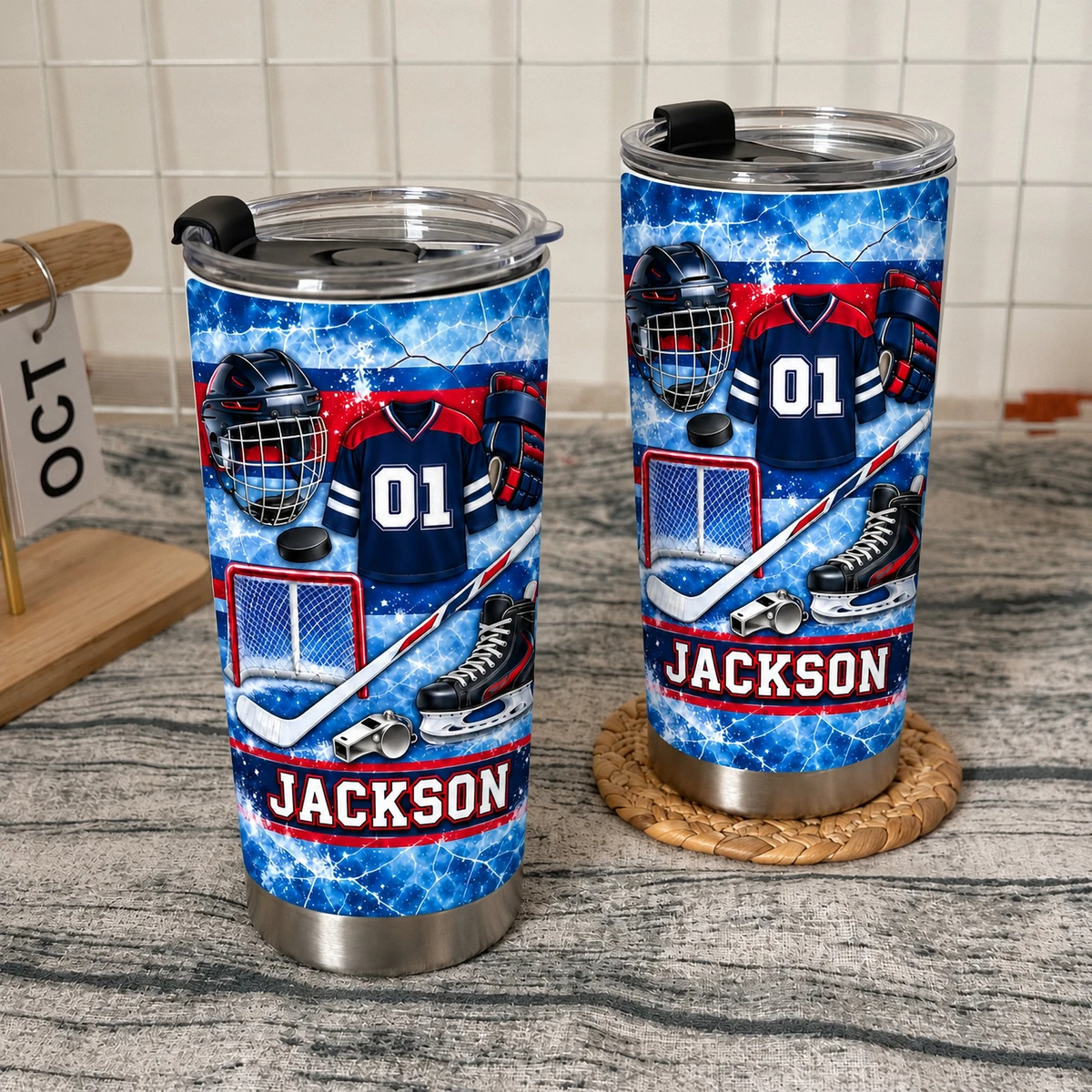 Personalized Hockey Tumbler 20oz Custom Text, Ice Hockey Travel Cup, Hockey Gear Inspired Drink Tumbler, Player Coach Dad Gift
