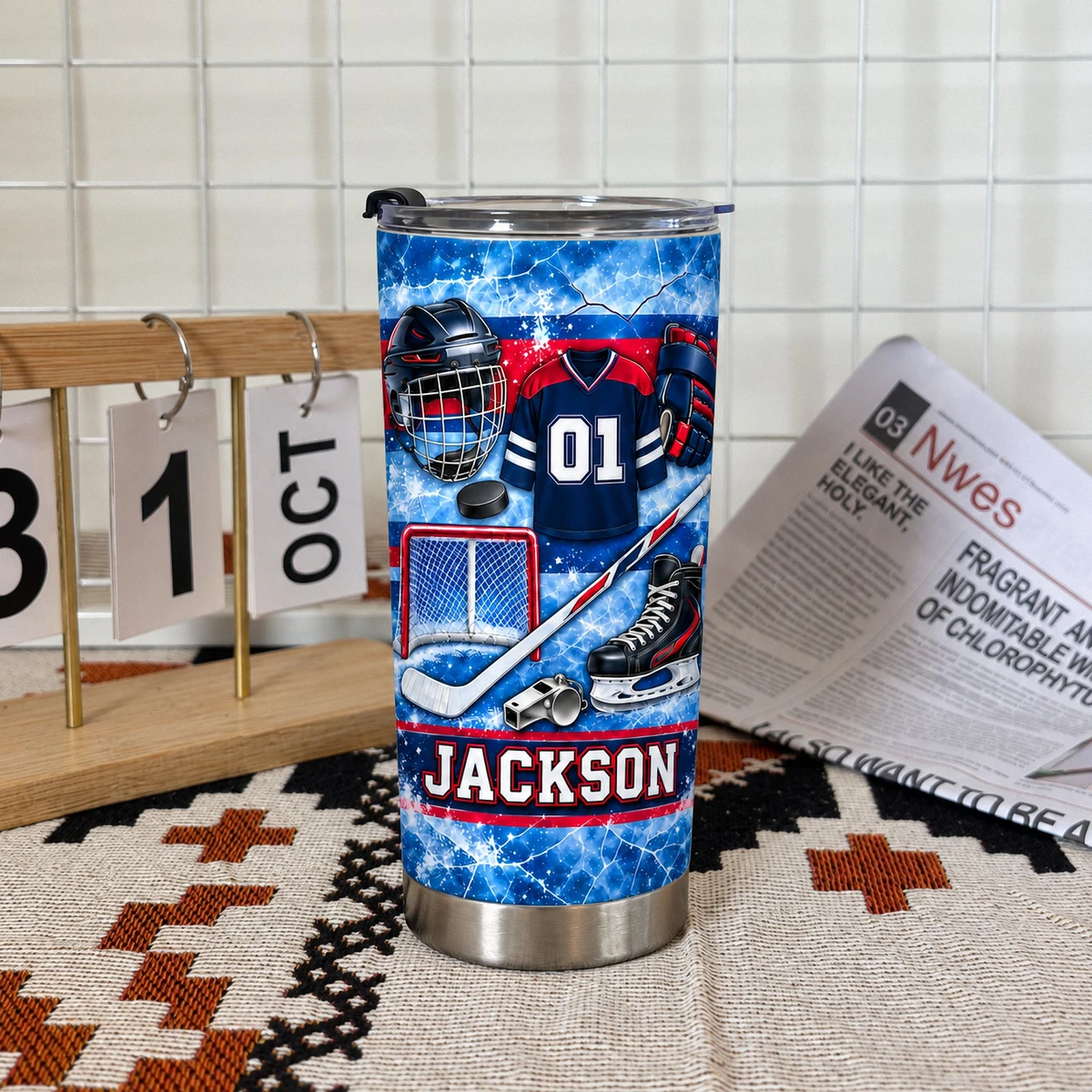 Personalized Hockey Tumbler 20oz Custom Text, Ice Hockey Travel Cup, Hockey Gear Inspired Drink Tumbler, Player Coach Dad Gift
