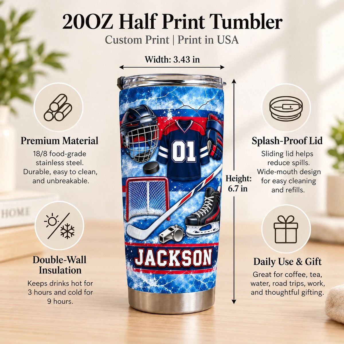 Personalized Hockey Tumbler 20oz Custom Text, Ice Hockey Travel Cup, Hockey Gear Inspired Drink Tumbler, Player Coach Dad Gift