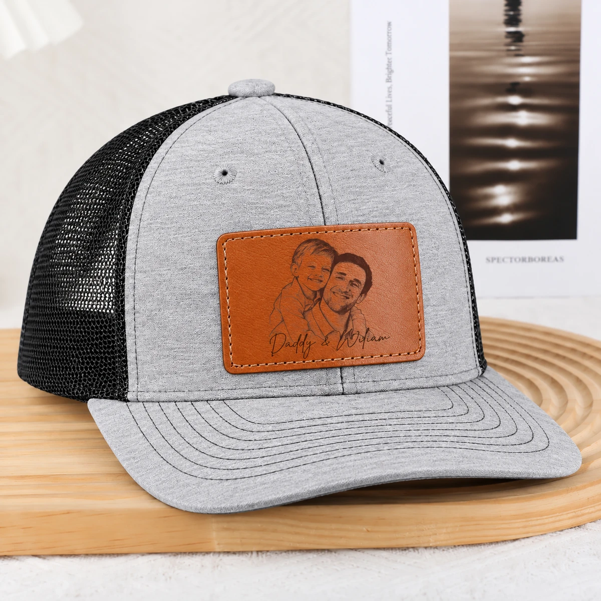 Custom Photo Pencil Sketch Family Dog Cat Portrait - Personalized Leather Patch Hat