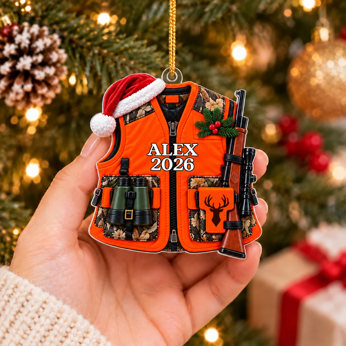 Personalized Hunting Vest Christmas Ornament – Custom Name and Year Hunter Acrylic Ornament, Orange Hunting Gear with Rifle and Binoculars, Christmas Gift for Hunters and Dad