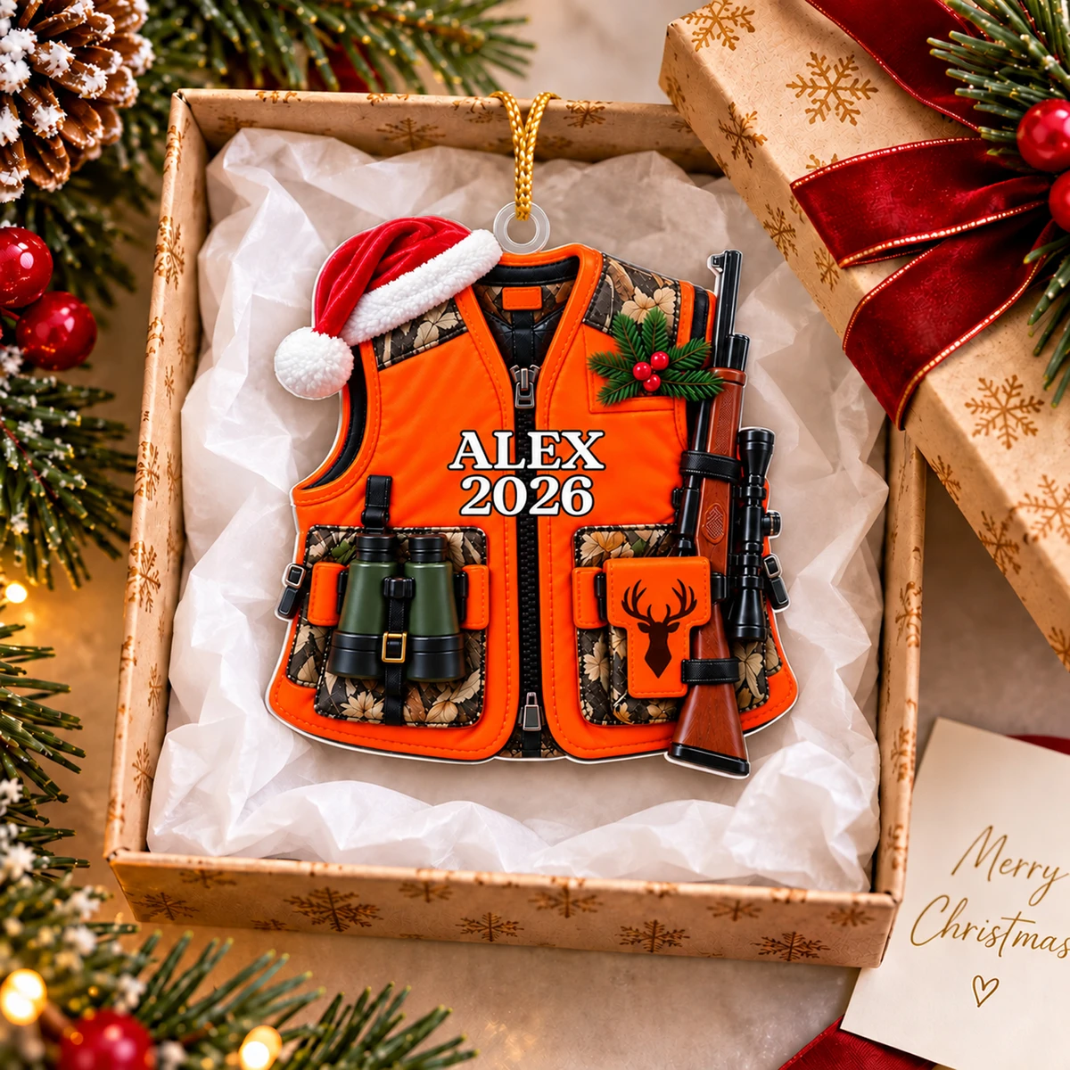 Personalized Hunting Vest Christmas Ornament – Custom Name and Year Hunter Acrylic Ornament, Orange Hunting Gear with Rifle and Binoculars, Christmas Gift for Hunters and Dad