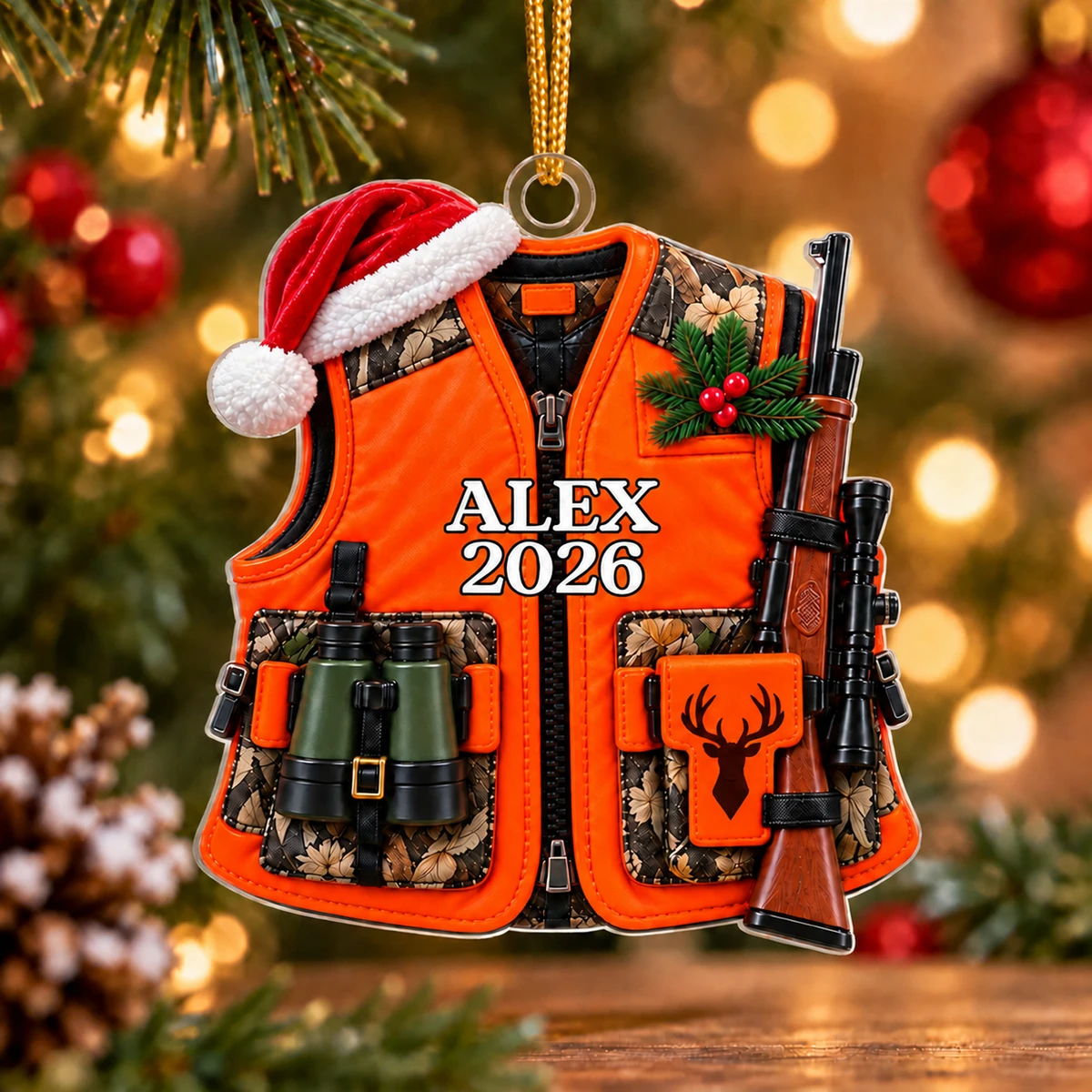 Personalized Hunting Vest Christmas Ornament – Custom Name and Year Hunter Acrylic Ornament, Orange Hunting Gear with Rifle and Binoculars, Christmas Gift for Hunters and Dad
