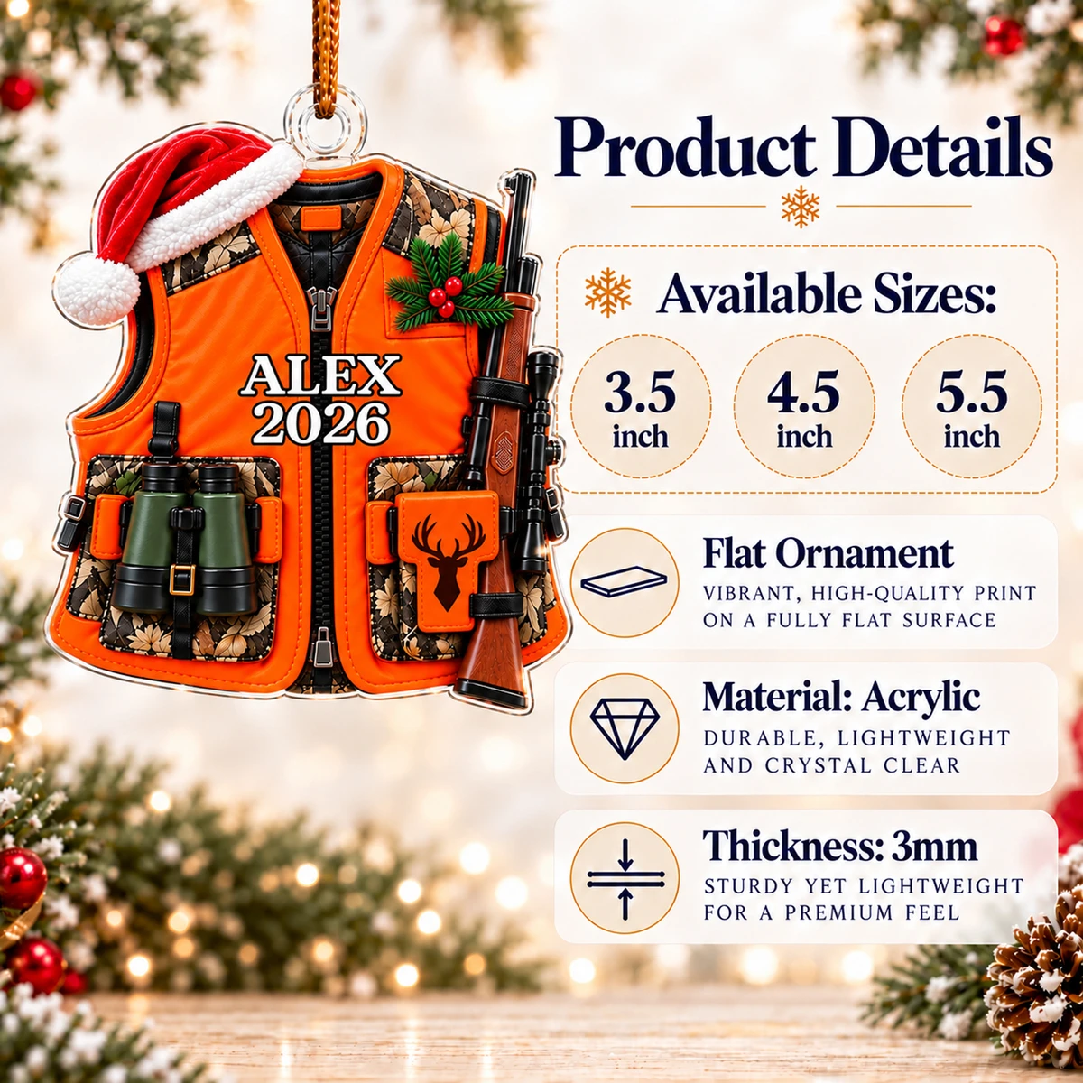 Personalized Hunting Vest Christmas Ornament – Custom Name and Year Hunter Acrylic Ornament, Orange Hunting Gear with Rifle and Binoculars, Christmas Gift for Hunters and Dad