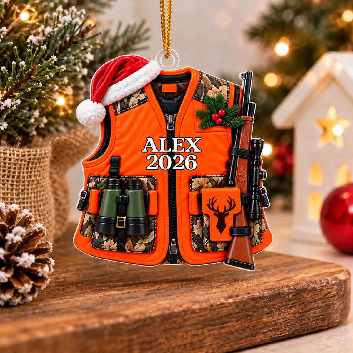 Personalized Hunting Vest Christmas Ornament – Custom Name and Year Hunter Acrylic Ornament, Orange Hunting Gear with Rifle and Binoculars, Christmas Gift for Hunters and Dad