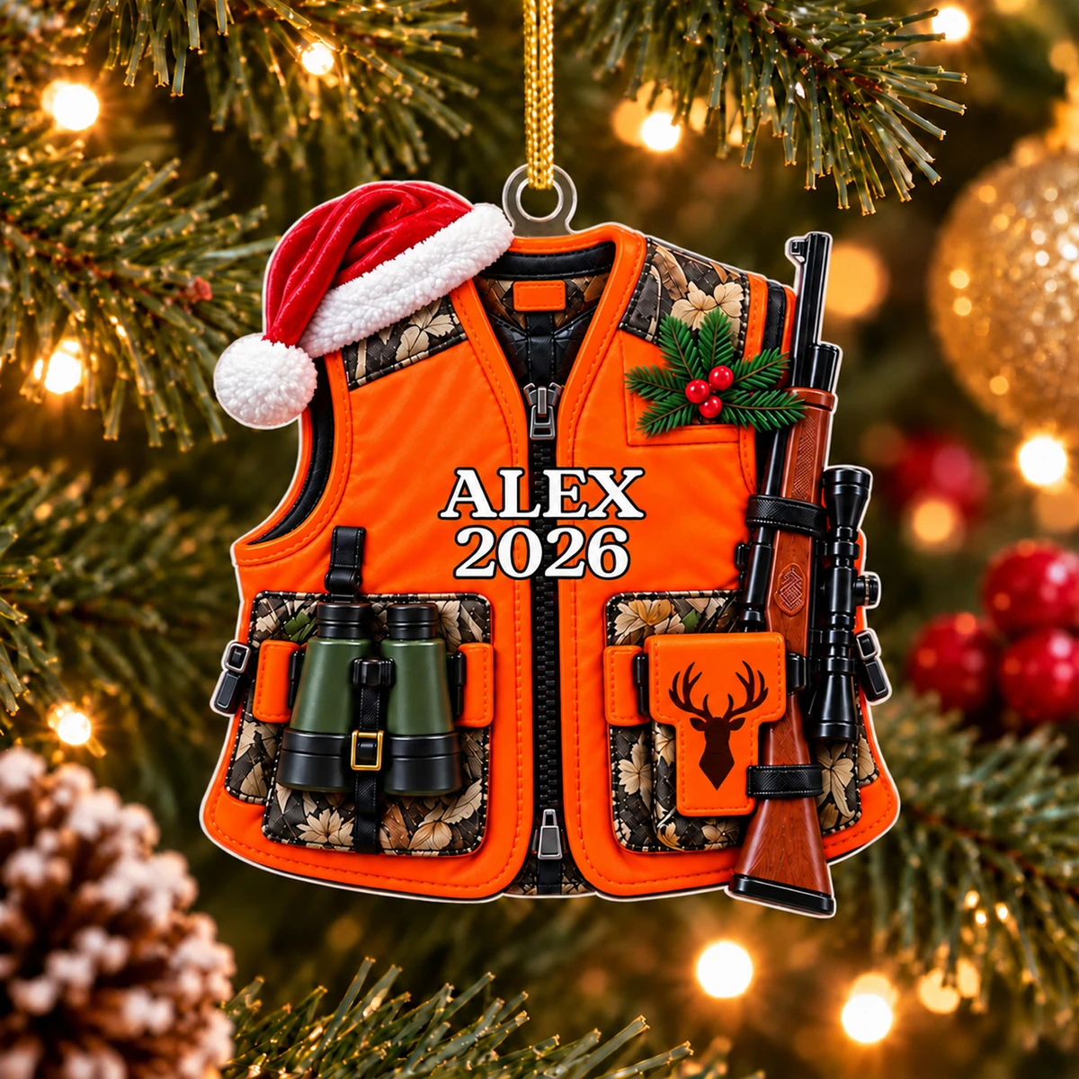 Personalized Hunting Vest Christmas Ornament – Custom Name and Year Hunter Acrylic Ornament, Orange Hunting Gear with Rifle and Binoculars, Christmas Gift for Hunters and Dad