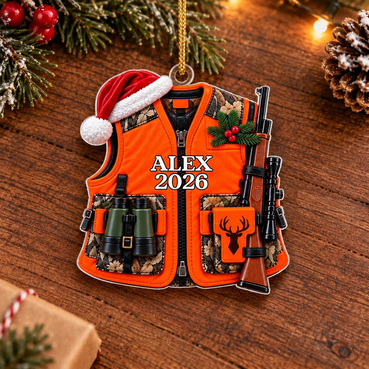 Personalized Hunting Vest Christmas Ornament – Custom Name and Year Hunter Acrylic Ornament, Orange Hunting Gear with Rifle and Binoculars, Christmas Gift for Hunters and Dad