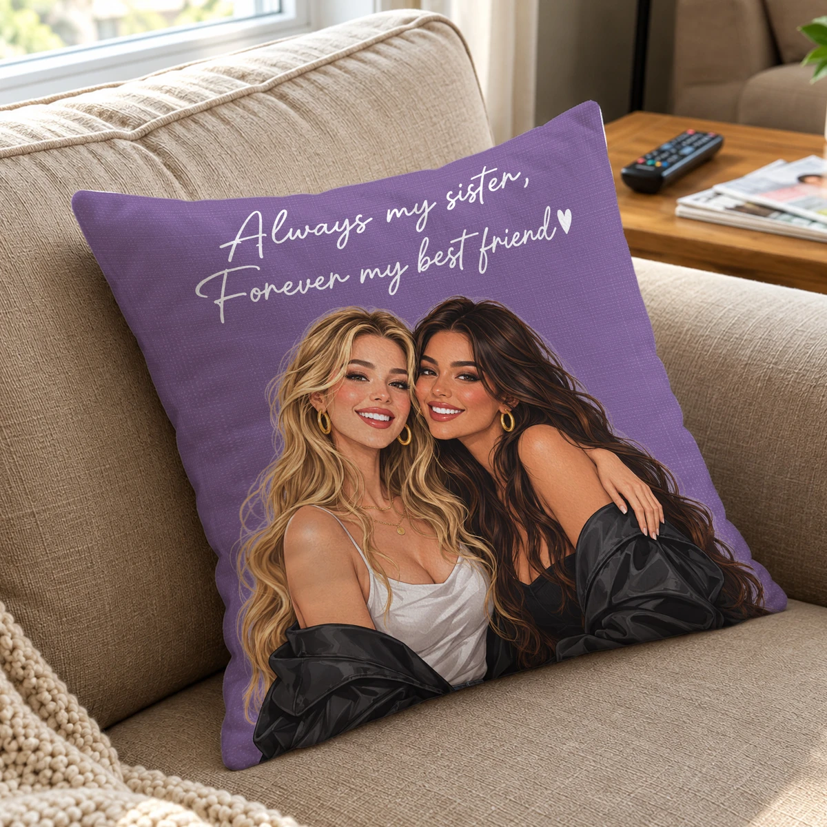 Custom Sister and Best Friend Pillow - Personalized Photo Illustration with Special Message