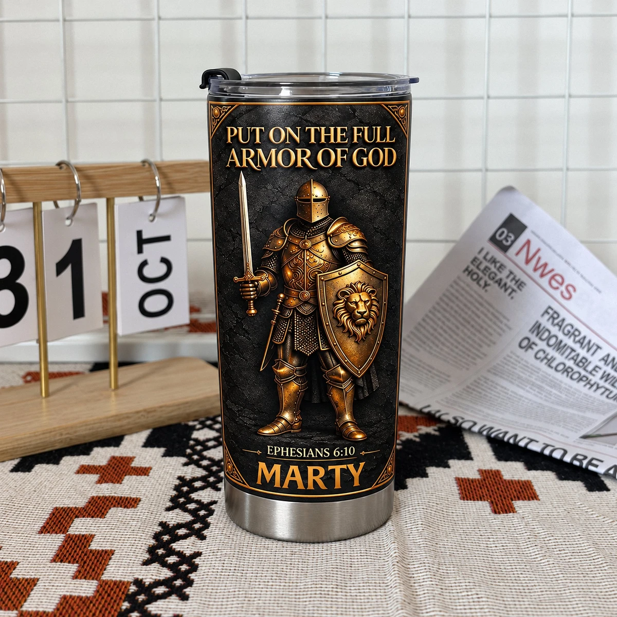 Personalized 20oz Tumbler Custom Name – Armor of God Christian Gift, Ephesians 6:10 Faith Warrior Stainless Steel Cup