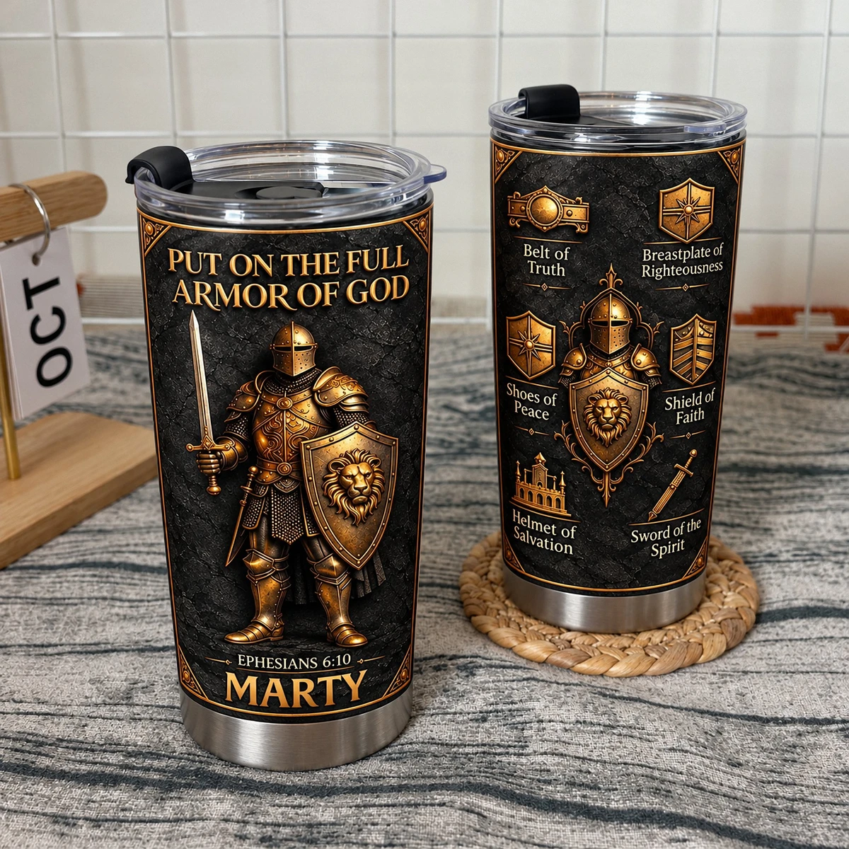 Personalized 20oz Tumbler Custom Name – Armor of God Christian Gift, Ephesians 6:10 Faith Warrior Stainless Steel Cup