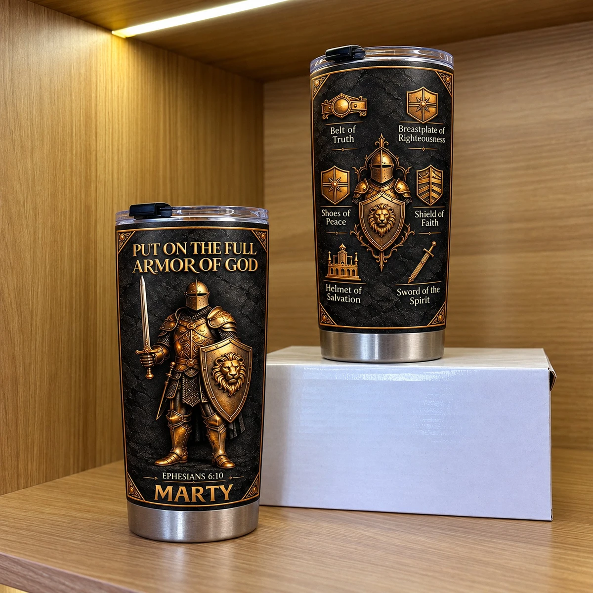 Personalized 20oz Tumbler Custom Name – Armor of God Christian Gift, Ephesians 6:10 Faith Warrior Stainless Steel Cup