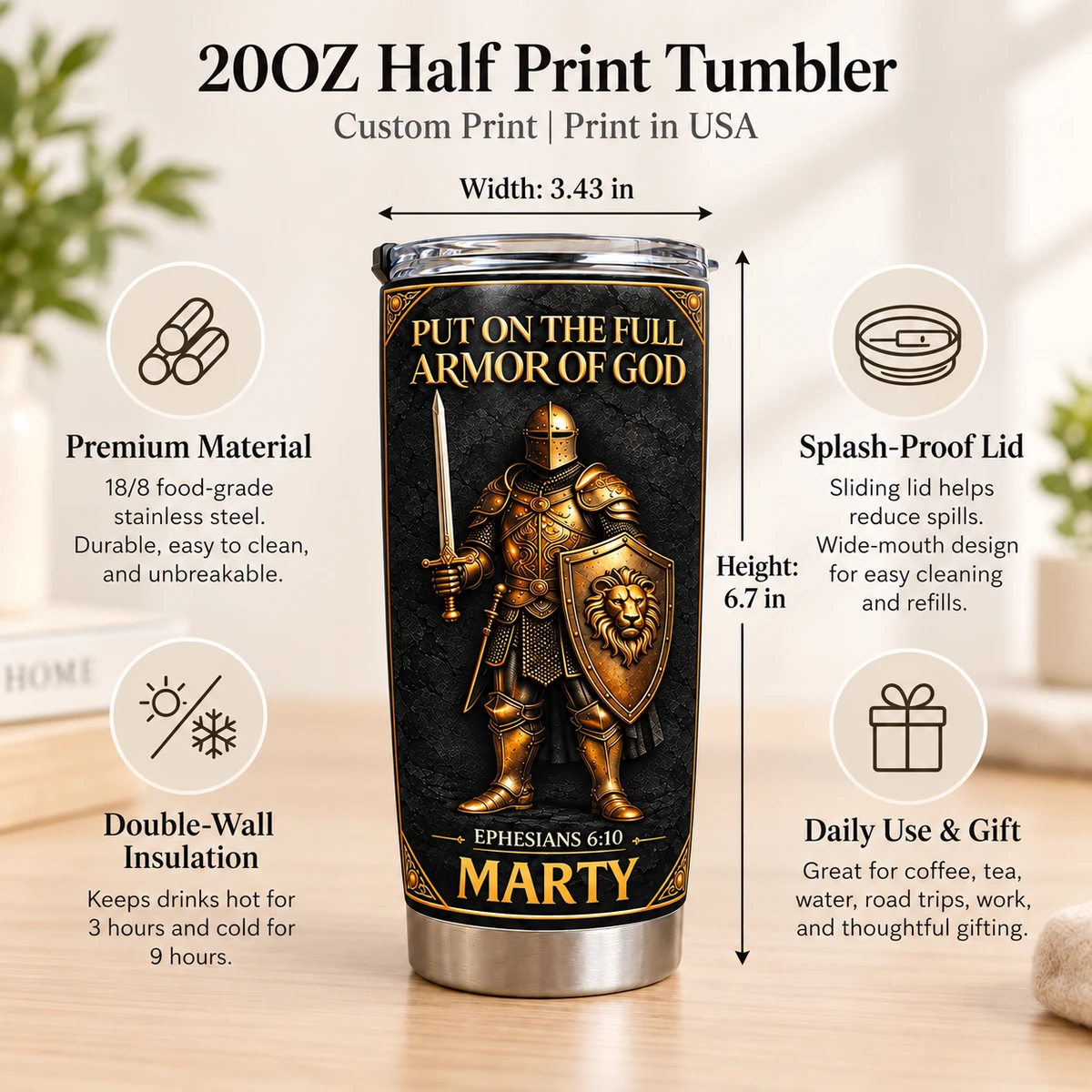 Personalized 20oz Tumbler Custom Name – Armor of God Christian Gift, Ephesians 6:10 Faith Warrior Stainless Steel Cup