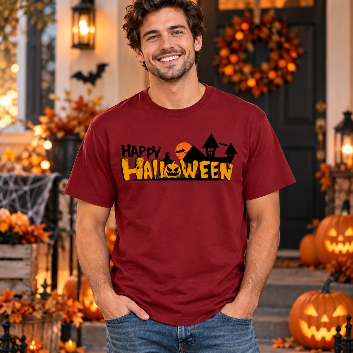Happy Halloween Sweatshirt – Spooky Haunted House and Pumpkin Graphic Crewneck Sweatshirt, Cute Halloween Sweater, Fall Outfit, Halloween Gift for Men and Women